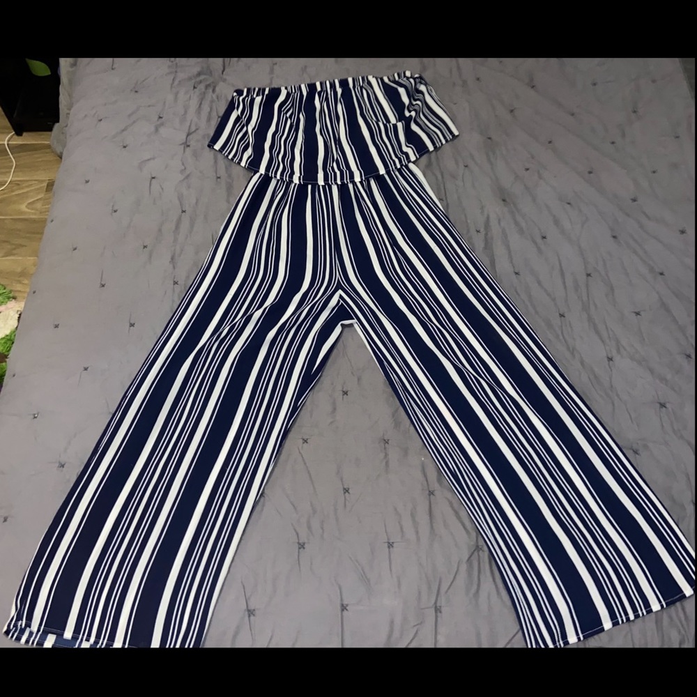 Navy and white striped jumpsuit